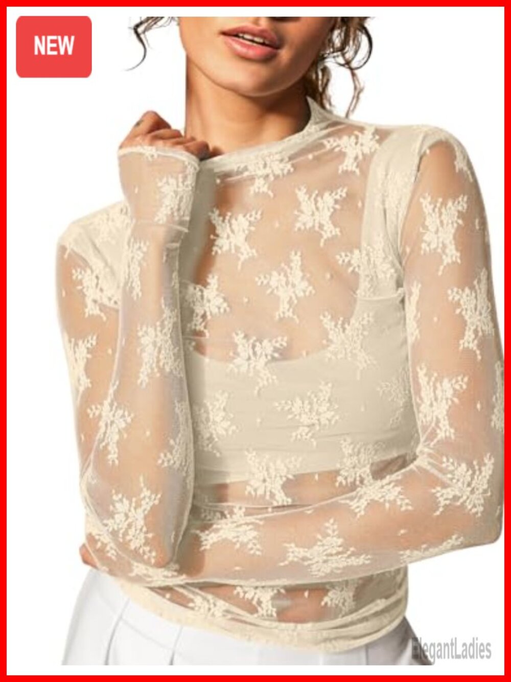 KTILG Sheer Mesh Long Sleeve Top with Floral Embroidery